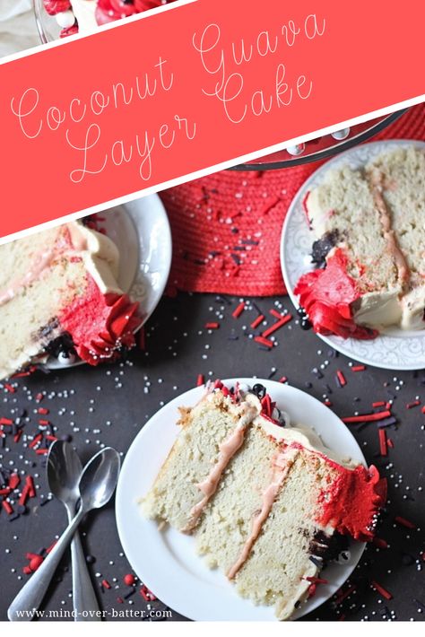 This Coconut Guava Layer Cake has tender layers studded with coconut flakes and generously filled with a tropical guava cream cheese. It’s like taking a tropical vacation, one spoonful at a time! #cake #dessert Coconut Cake With Guava Filling, Tropical Flavored Cakes, Guava Cake Filling, Guava Cream Cheese, Guava And Cream Cheese, Guava Cake, Guava Recipes, Homemade Vanilla Cake, Egg Free Cakes