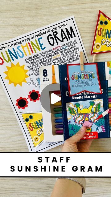 Ashlyn Ellsworth on Instagram: "My secret to spreading sunshine around your school faculty during the month of May! ☀️  The Staff Sunshine Gram is a simple way to pass along a fun gift or treat to say thank you to your co-workers and let them continue spreading the sunshine to another faculty member!  ➡️ Comment SUNSHINE and I’ll send you the link to this staff morale booster that is perfect for the end of the school year! 🤩  #teachersfollowteachers #endofschoolyear #schooladministrator #teachers #teacherappreciation #teachersofinstagram #tpt #teacherspayteachers" School Morale Boosters Teacher Lounge, Staff Sunshine Committee, School Staff Morale Boosters, Sunshine Cart For Teachers, Monthly Staff Morale Boosters, Staff Appreciation Ideas Morale Boosters, Staff Morale Booster, Morale Ideas, Sunshine Theme