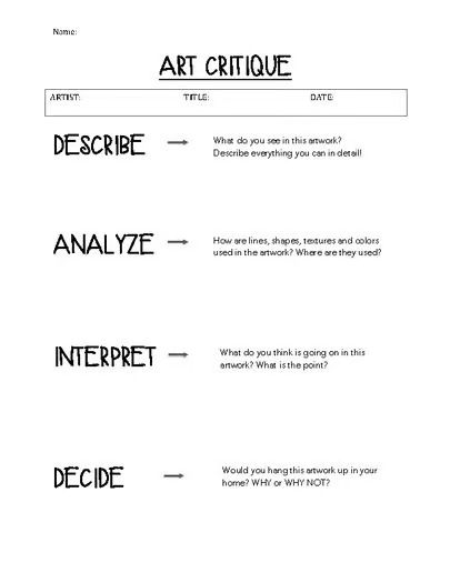 Art Critique Worksheet by The Messy Paint Box | TPT Art Critique Worksheet, Analysing Art, Middle School Art Room, Art Curriculum Map, School Art Room, Art Vocabulary, Art Rubric, Art Analysis, Art Critique