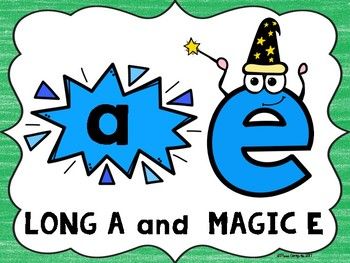 Magic E Long A Sound Posters   Colorful Posters with the thematic rule for Magic E where it tells the vowel letter to say its name not its sound.   Ideal for a class focus wall where the class discusses the sound of the week. They can also be cut and used in a pocket chart.   I laminated mine for durability.   One Poster for the Magic E Rule 13 pages for 26 words that have the Long A Magic E rule to them. Each word has a colorful picture next to it.     <strong><span style=&quot... Magic E Rule, Long A Sound, Posters Colorful, Magic E Words, Colorful Posters, Grammar For Kids, Kindergarten Prep, Magic E, Focus Wall