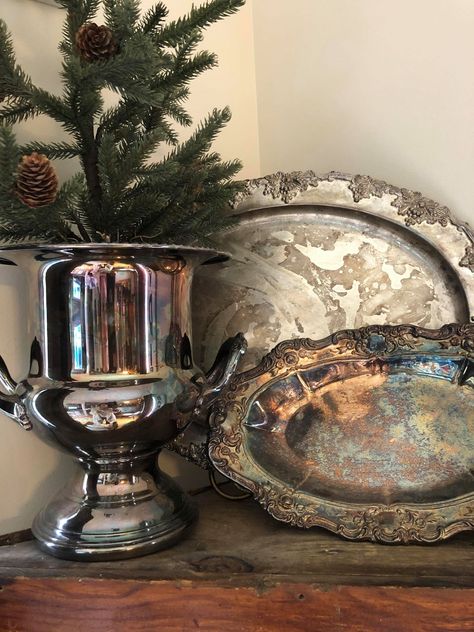 Silver Dishes Decor, Old Fashioned Room Ideas, Silver Serving Trays Display, Silver Pitcher Decor Ideas, Repurposed Silver Serving Pieces, Repurpose Silver Tea Set, Using Silver Pieces To Decorate, Silver Trays Decor Ideas Living Room, Silver Tray Centerpiece