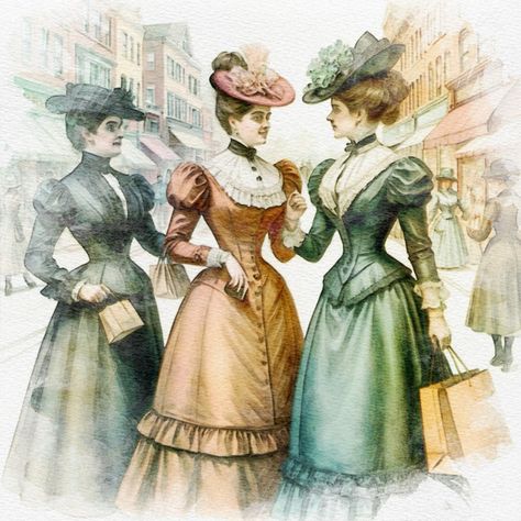 Victorian era women shopping together in a bustling market. Victorian Vs Edwardian Fashion, England Moodboard, 19th Century Fashion Women, Victorian Fashion Aesthetic, Victorian Etiquette, Early 1900s Fashion, Edwardian Aesthetic, Victorian People, 1800s Women