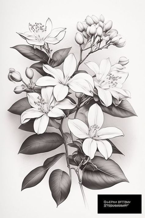 Botanical Study1 Detailed grayscale drawing of blooming white flowers with green leaves on a branch. | Sky Rye Design Flowers Photography Black And White, Jasmine Flowers Drawing, Realistic Plant Drawing, Detailed Flower Drawings, Jasmine Drawing Flower, Realistic Flower Drawing Pencil, Drawing Of A Notebook, Floral Digital Art, Pencil Art Drawings Flowers