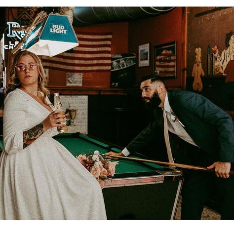 Dive Bar Wedding Reception, Dive Bar Engagement Photos, Dive Bar Wedding, Bookstore Photoshoot, Vintage Shoot, Bar Wedding Reception, Creative Engagement Photo, Courthouse Elopement, Dive Bars