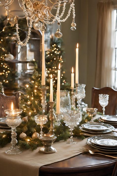 Elegant vintage Christmas dining table decor with antique china, candles, and vintage ornaments for a festive holiday setting. Christmas Dining Table Decor Elegant, Christmas Tablescapes Elegant, Romance Christmas, Vintage Christmas Decor Ideas, Christmas Dining Table Decorations, Dining Table Decorations, Christmas Dining Table Decor, Vintage Christmas Tree Decorations, Holiday Tablescape