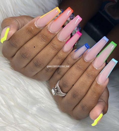 pinterest: @TRUUBEAUTYS💧 Colour Block Nails Acrylic, Long Colourful Acrylic Nails, Long Acrylic Nails Coffin Summer Colorful, Baddie Colorful Nails, Multicolor Nail Art Designs, Colorful Nails Acrylic, Rainbow Nails Acrylic, Rainbow Acrylic Nails, Colourful Acrylic Nails