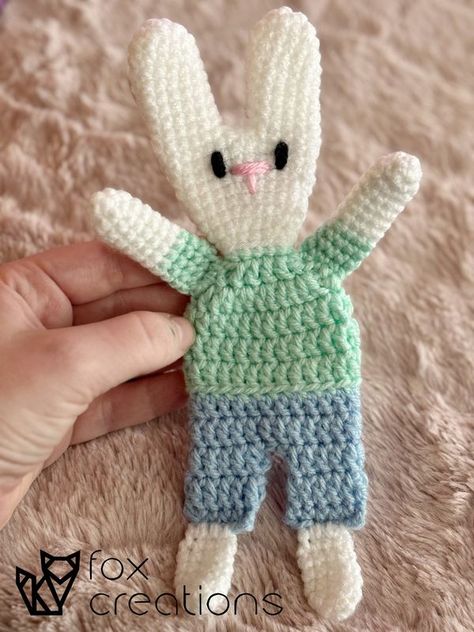 Random acts of crochet kindness and more | Ragdoll Bunny in Shorts | Facebook Crochet Ragdoll Bunny, Fox Pattern, Bunny Designs, Rainbow Beads, Dk Weight Yarn, Dk Yarn, Tapestry Needle, Softies, Crochet Patterns Amigurumi