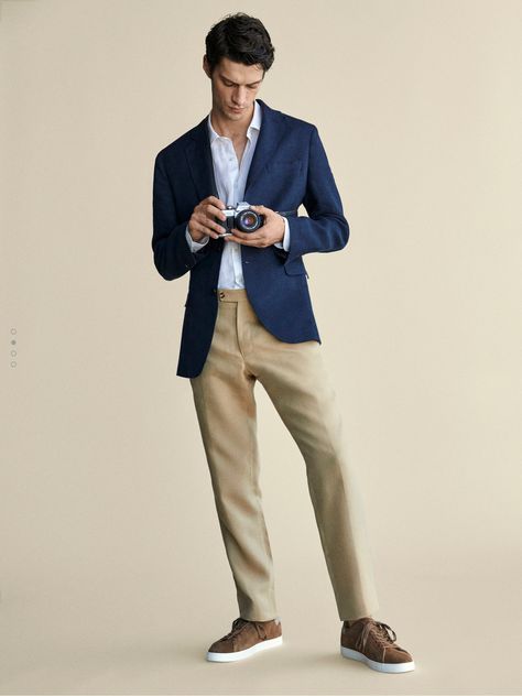 Mens Chino And Blazer Outfit, Beige Chinos And Blazer Men Outfits, Summer Suits Men Casual, Men’s Blazer And Chinos, Knit Blazer Outfit Men, Men's Formal Fashion, Men’s Blue Blazer Khaki Pants, Casual Summer Wedding Outfit, Business Casual Men Work