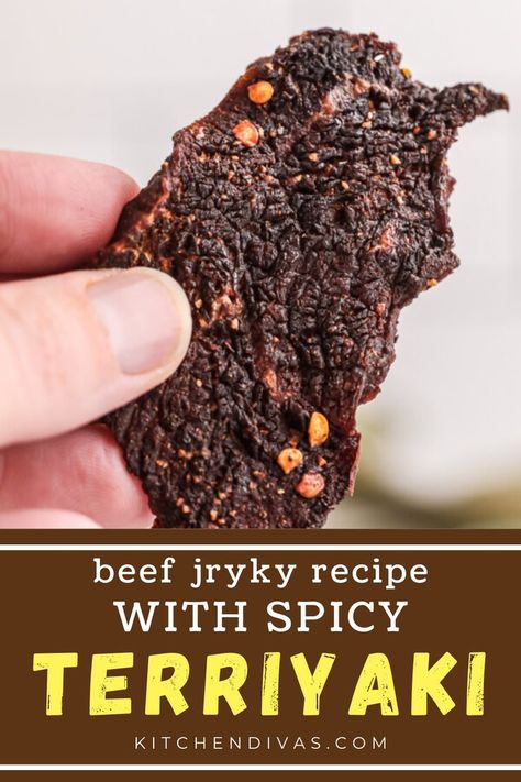 Closeup shot of hand holding piece of teriyaki beef jerky. Homemade Teriyaki Beef Jerky, Jerky Seasoning Recipe, Easy Beef Jerky, Teriyaki Beef Jerky Recipe, Jerky Marinade Recipes, Beef Jerky Recipe Dehydrator, Beef Jerky Marinade, Jerky Recipes Dehydrator, Deer Jerky Recipe