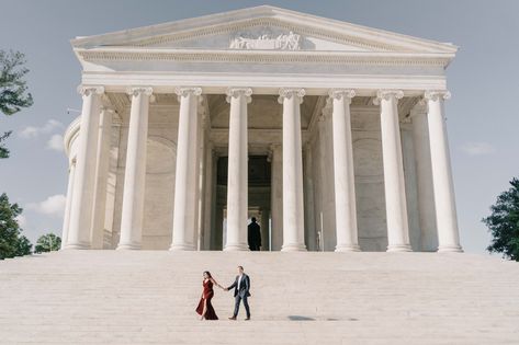 couple hold hand waling on stairs at Thomas Jefferson Memorial in Washington D.C. Dc Elopement, Sunrise Engagement Photos, Early Morning Sunrise, Jefferson Memorial, Cruise Wedding, Family Engagement, Morning Sunrise, Thomas Jefferson, Inspo Board