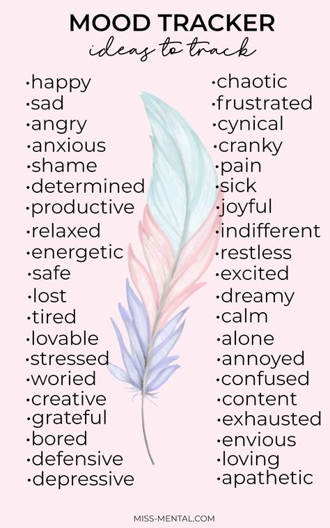 mood tracker ideas to track with different emotions summed up List Of Moods For Mood Tracker, Mood Tracker Emotions, Moods To Track, Mood Journal Printable, Mood Journal Prompts, Mood Chart Journal, Journal Emotion Tracker, Mood Chart Printable, Emotion Journal Ideas