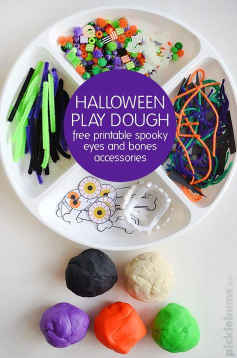 Get your kids in the Halloween spirit with this play dough set. Includes free printable eyes and bone accessories! Halloween Play Dough, Halloween Playdough, Play Dough Invitation, Halloween Activities For Toddlers, Play Dough Sets, Halloween Sensory, Playdough Activities, Playdough Kits, Halloween Preschool