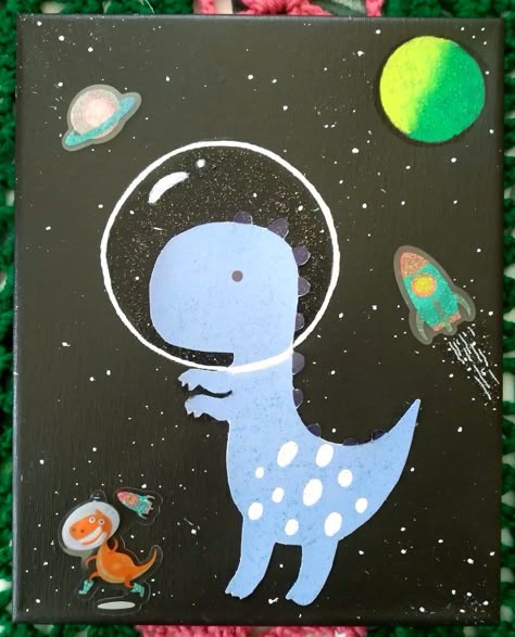 Space Dinosaur, Diy Canvas Art Easy, Disney Canvas Art, Kids Canvas Art, Space Drawings, Hippie Painting, Space Painting, Painting Canvases, Family Painting