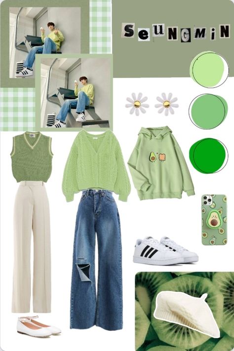 Green clothes inspired by Kim Seungmin from the kpop group Stay Kids (skz) Inspired Kpop Outfits, Boynextdoor Kpop Outfits, Kim Seungmin Outfit, Skz Maniac Outfits, Sunoo Inspired Outfits, Seungmin Inspired Outfits, Concert Outfit Ideas Kpop Nct, Seungmin Outfit Inspiration, Felix Inspired Outfits