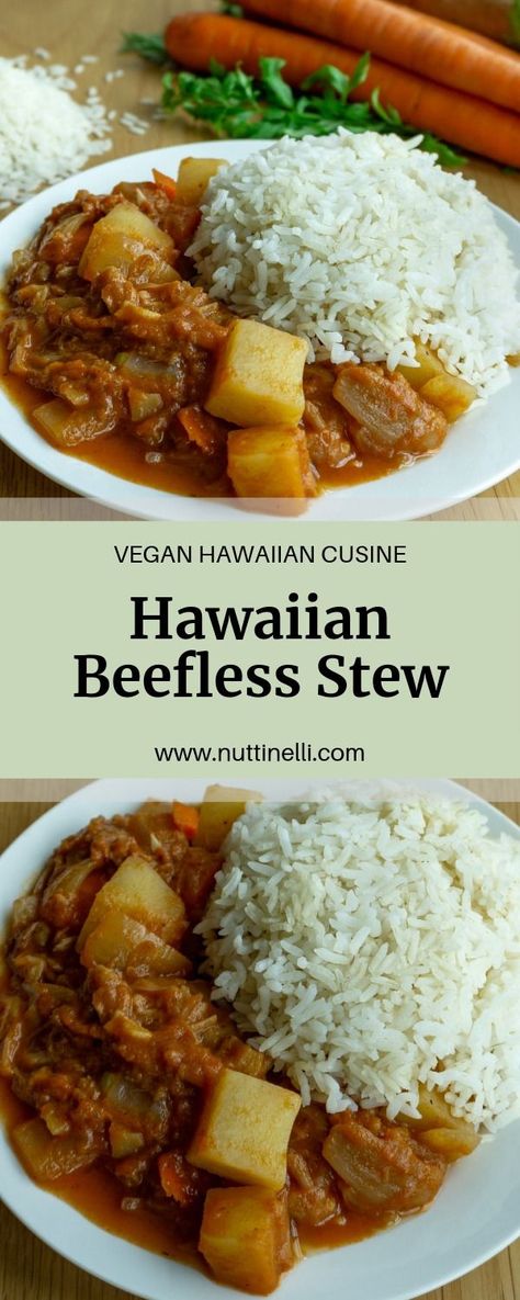 Vegan Hawaiian Beef Stew Hawaiian Stew Recipe, Vegan Beef Stew, Hawaiian Beef, Food Hawaii, Ms Diet, Vegan Asian Recipes, Football Cookies, New Orleans Recipes, Vegan Beef