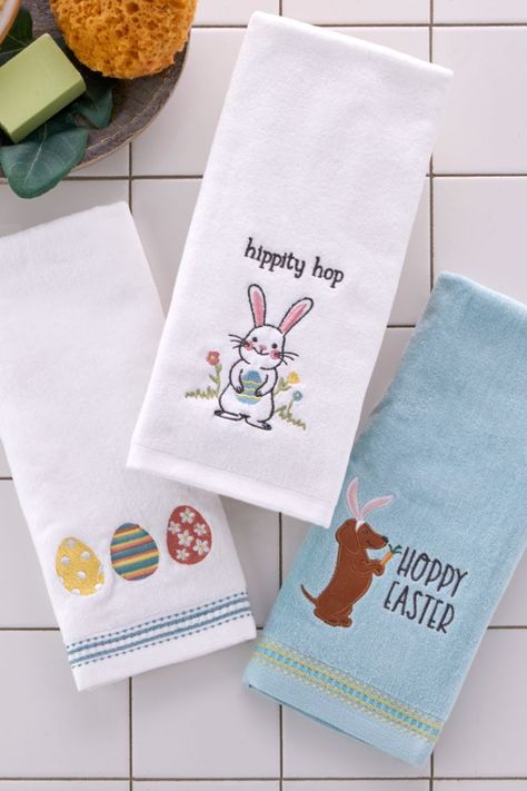 Easter Decor Ideas with SKL Home Decorative Hand Towels. Add our easter hand towels to your bathroom or kitchen to add some spring easter decorations to your bathroom vanity or kitchen sink. Easter Decor Ideas, Bunny Embroidery, Decorative Hand Towels, Easter Embroidery, Cotton Hand Towels, Cute Embroidery, Big Ideas, Hoppy Easter, Happy Spring