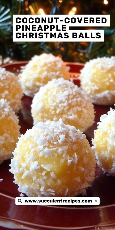 These Easy Pineapple Christmas Balls are a fun, bite-sized treat! Filled with sweet pineapple and a creamy mixture, they’re rolled in coconut for a tropical twist that’s perfect for the holidays. Christmas Pineapple Balls, Christmas Desserts Coconut, Pineapple Coconut Snowballs, Pineapple Christmas Balls Recipe, Pineapple Coconut Balls, Pineapple Balls Recipe, Christmas Balls Recipe, Pineapple Cheese Ball With Pecans, Optavia Holiday Recipes