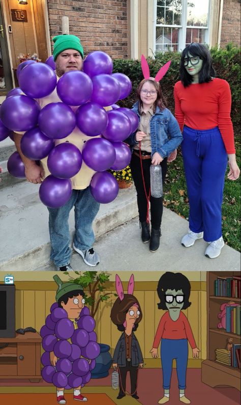 Gene Belcher as handsome grapes, Louise Belcher as Anton Chigurh, and Tina Belcher as a mom-bie Bobs Burgers Family Costume, Louis Belcher Costume, Bobs Burgers Halloween Costumes, Linda Belcher Costume, Louise Belcher Costume, Tina Belcher Costume, Bob's Burgers Halloween Costume, Bobs Burgers Costume, Louis Belcher