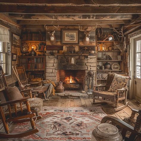 Rustic cabin interior with stone fireplace, antique furnishings, and cozy decor for a warm and inviting retreat. Natural Wood Beams, Rustic Cabin Interior, Cabin Living Room, Cabin Retreat, Vintage Cabin, Cabin Living, Antique Decor, Wood Beams, Rustic Cabin