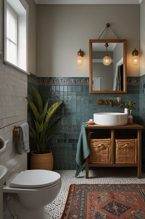 Dark Colors Bathroom, Small Bathroom Oasis, Spa Style Small Bathroom, Boho Bathroom Decor Apartment, White Bathroom Colorful Accents, Smaller Bathroom Ideas, Original Bathroom Ideas, Eclectic Boho Bathroom, Small Bathroom Eclectic