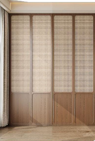 Jute Wardrobe Doors, Jute Wardrobe, Cane Partition, Japandi Wardrobe, Wardrobe Shutters, Wardrobe Shutter Design, Japanese Inspired Bedroom, Resort Interior Design, Kitchen Window Design