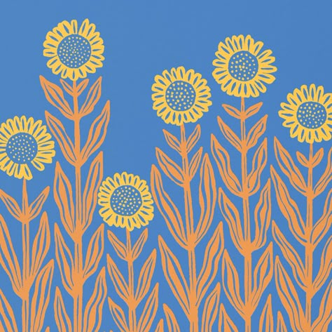 Brighten your space with this art print featuring a patch of bright yellow sunflowers on a cerulean blue background. Sunflower Block Print, Abstract Shapes Pattern, Folk Art Wall Mural, Sunflower Illustration Simple, Easy Illustration Art, Sunflower Pallet, Greenhouse Sign, Sunflower Folk Art, Herb Business