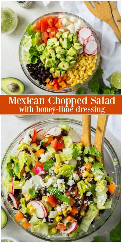 Honey Lime Dressing Recipe, Salad With Honey Lime Dressing, Mexican Chopped Salad, Chopped Salad Recipe, Mexican Salad Recipes, Mexican Salad, Honey Lime Dressing, Mexican Salads, Mexican Dinner