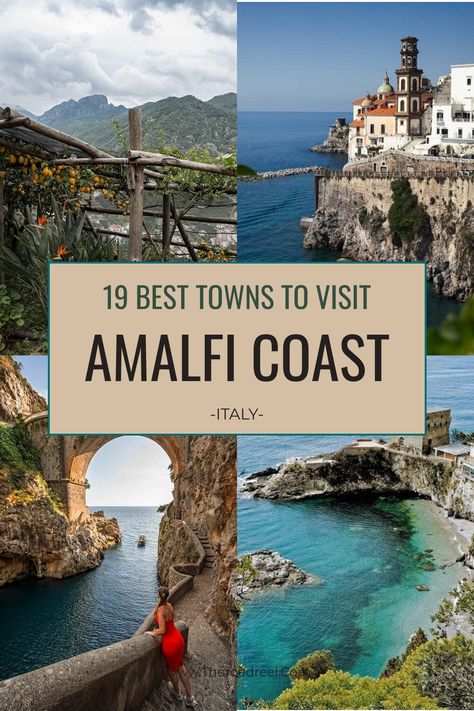 Collage of scenic views from the Amalfi Coast featuring 19 best towns to visit. Amalfi Town Italy, Amalfi Coast Italy Itinerary, Amalfi Coast Italy Map, Costa Amalfi, Amalfi Coast Travel Guide, Amalfi Coast Towns, Italy Amalfi Coast, Amalfi Coast Itinerary, Italy Trip Planning