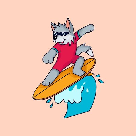 Cute wolf surfing vector llustration fla... | Premium Vector #Freepik #vector #fun #ocean #beach #nature Surf Cartoon, Cat Surfing, Dog Surfing Drawing, Surf Yoga Illustration, Cat Surfing Illustration, Dogs Surfing, Psd Icon, Vector Photo, Cartoon Styles