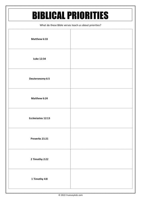 This worksheet is a great way for teens to learn about priorities from a biblical perspective. It includes key verses and questions for discussion. This worksheet for teens will help them think about what is really important in their lives. It's a great way to start a conversation about priorities with your teen! Christian Worksheets For Adults, Bible Worksheets For Teens, Bible Quizzes With Answers, Bible Lessons For Teens, Teen Bible Lessons, Study Pages, Teen Bible Study, Bible Study Activities, Trueway Kids