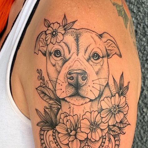 Pug Portrait Tattoo, Dog Floral Tattoo Ideas, Dog Portraits Tattoo, Pittie Tattoo, Floral Dog Tattoo, Pit Bull Tattoo Ideas, Hazel Tattoo, Celestial Tattoos, Pet Memorial Tattoo