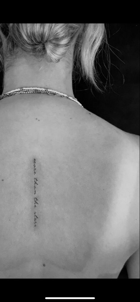 Small Quote Spine Tattoo, French Spine Tattoos For Women, Text Tattoo Back Women, Single Needle Spine Tattoo, Fine Line Spine Tattoo Writing, Mid Spine Tattoos For Women, Angel Number Spine Tattoo, Small Spine Tattoos For Women Quote, Short Spine Tattoo