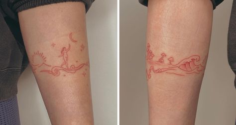 Armband Tattoo Creative Band Tattoo, Tattoo Around Arm Bands, Red Band Tattoo, Armband Tattoo For Women, Arm Band Tattoos, Tattoo Arm Band, Arm Cuff Tattoo, Arm Tattoos For Women Forearm, Name Tattoos For Moms