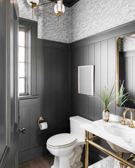 Decadent powder room with wide vertical shiplap and Cole & Son Columbus wallpaper | by Cortney Bishop Design Vertical Shiplap, Shiplap Bathroom, Powder Room Design, Bad Inspiration, Home Luxury, Downstairs Bathroom, Bathroom Wallpaper, Bathroom Renos, Ship Lap Walls