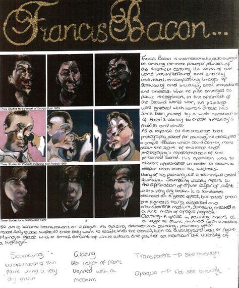 Francis Bacon Research Art Book Layout, Bacon Artist, Ib Visual Arts, Artist Research Page, Art Gcse Ideas, Gcse Sketchbook, Sketchbook Ideas Inspiration, Gcse Art Ideas, Art Analysis