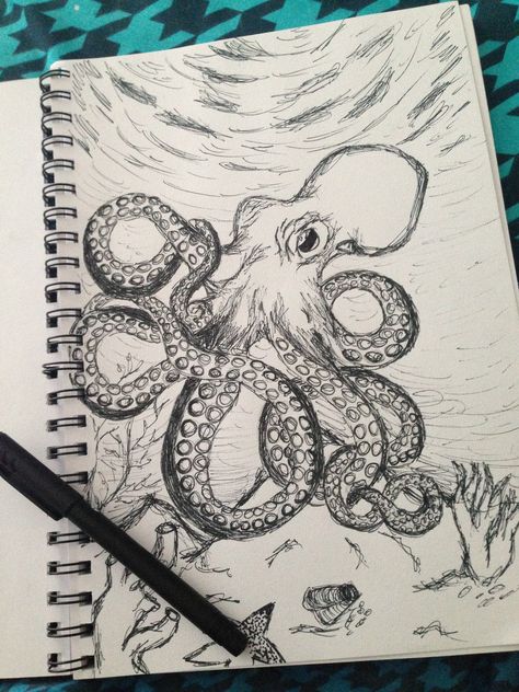 Octopus Drawing Fine Liner Sketch Octopus Pen Drawing, Octopus Drawing Simple, Fine Liner Pen Art, Octopus Ceramics, Fine Liner Sketch, Fine Liner Drawings, Under The Sea Drawings, Corner Drawing, Octopus Sketch