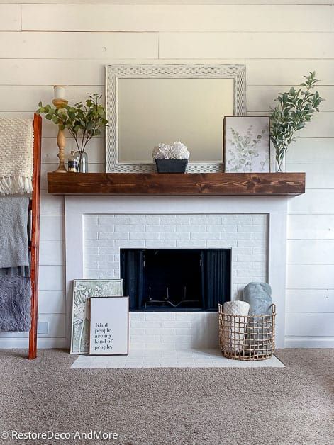 Diy Fake Fireplace, Fake Fireplace Ideas, Fireplace Remodel Diy, Diy Faux Fireplace, Fake Brick Wall, Reclaimed Wood Mantel, Diy Fireplace Mantel, Diy Fireplace Makeover, Fake Fireplace