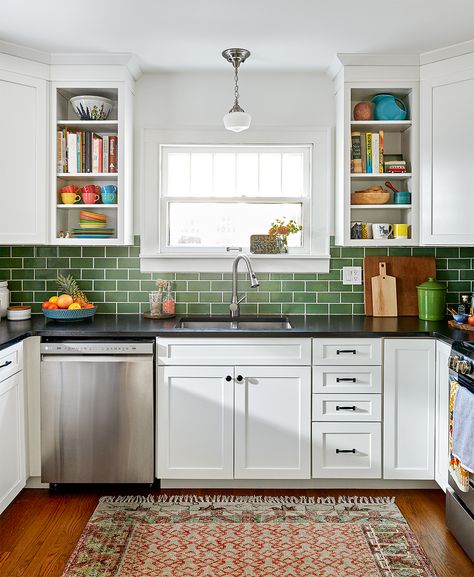 I like the white cabinets, green glass backsplash and dark counter top. Combo would look good with your new green dinning chairs! Green Kitchen Backsplash, Green Tile Backsplash, Green Backsplash, Kitchen Backsplash Designs, Kitchen Colour Schemes, Kitchen Cabinet Colors, Green Tile, Kitchen Color, Kitchen Paint