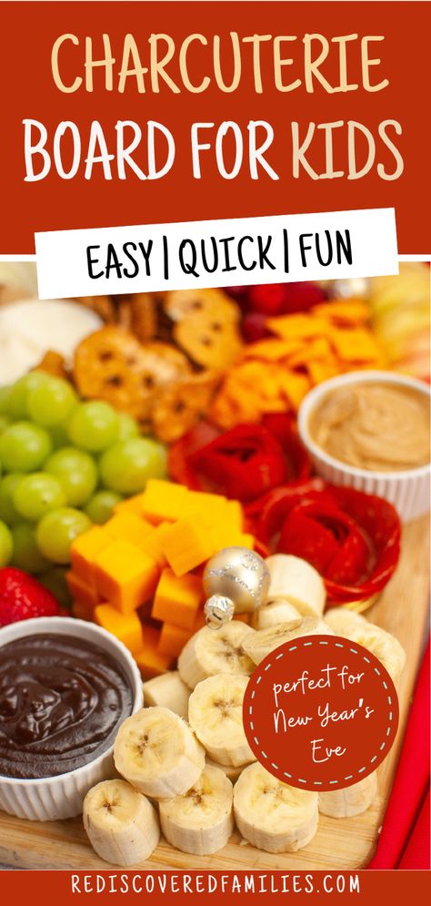 Looking to make an easy New Year's Eve charcuterie board for kids that's as simple as it is fun? This DIY board is ideal for any celebration, from New Year's to a birthday or Christmas Eve gathering. Filled with healthy options and kid-approved ideas, it's a great kids recipe for lunch, dinner, or a special party treat. Check out rediscoveredfamilies.com for the instructions, and save this pin to find it again when you need inspiration! New Years Eve Kids Charcuterie Board, Fun New Year’s Eve Food For Kids, New Years With Kids Food, Nye Treats For Kids, New Years Food Kids, New Years Kids Snacks, New Year’s Eve Charcuterie Board Kids, Kids Party Charcuterie Board, New Year’s Eve Menu With Kids