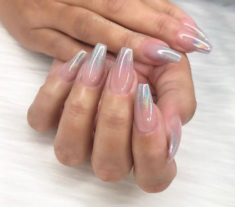 • HOLOGRAPHIC OMBRÉ • . . . . #holographic #holographicnails #ombre #ombrenails #babyboomer #nails #nail #nailsofinstagram #nailstagram… Ombre Nail Chrome, Gray Ombre Nails Almond, Silver Chrome Nails Ombre, Ombre With Chrome, Silver Ombre Nails, Gray Glitter Ombre Nails, Ombre Nails Almond, Silver And Pink Nails, Sliver Nails