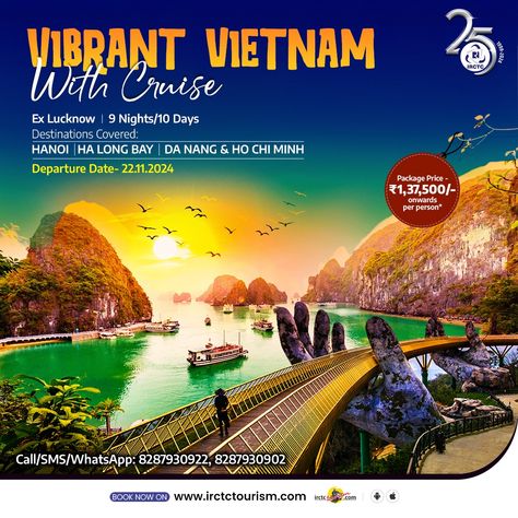 Set sail on a luxurious cruise to Vietnam that glides through emerald waters, revealing hidden caves, floating villages, and panoramic vistas that will leave you breathless!

Destinations Covered:
- Hanoi
- Da Nang 
- Ho Chi Minh

Are you ready to experience this 9N/10D Vibrant Vietnam With Cruise by IRCTC Tourism? Book your package today at https://www.irctctourism.com/tourpackageBooking?packageCode=NLO25

(packageCode=NLO25)

#IRCTCForYou #ThinkTravelThinkIRCTC #IRCTCAt25 #Vietnam Tourism In India, Da Nang Vietnam, Set Sail, Travel Tours, Da Nang, Incredible India, Ho Chi Minh, India Travel, Tour Packages