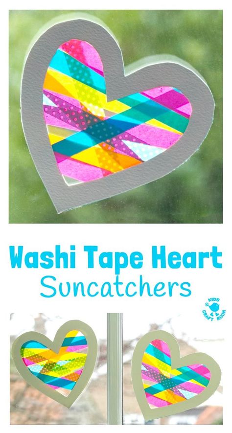 A heart craft with a WOW factor! This Washi Tape Heart Suncatcher craft is simple to make and looks amazing. A great Mother's Day or Valentine's Day craft for kids. Heart Suncatchers, Heart Suncatcher, Heart Craft, Kids Craft Room, Suncatcher Craft, Washi Tape Crafts, Valentine's Day Crafts For Kids, Mothers Day Crafts For Kids, Paper Toy