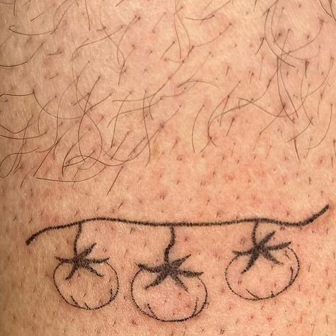 Tiny Tomato Tattoo, Tomato Leaf Tattoo, Fried Green Tomatoes Tattoo, Fine Line Blueberry Tattoo, Tomato Tattoo Black, Stick And Pole Tattoo Ideas, Cherry Tomato Tattoo, Sardine Can Tattoo, Tomato Vine Tattoo