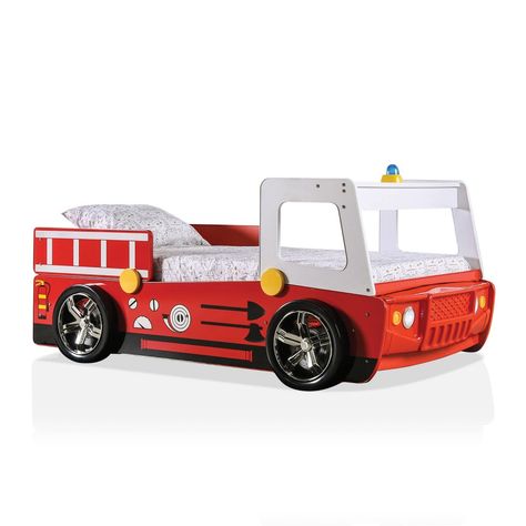 Nothing could be more fun for your little firefighter-to-be than this whimsical firetruck bed. It's designed and painted to look like a real firetruck, complete with wheels and windows at the foot of the bed. Decorative ladder panels double as side rails to keep restless sleepers in bed. Fun in a bedroom or even in the playroom to create a spot for quiet time. Fire Truck Bed, White Twin Bed, Firetruck Bed, Toddler Car Bed, Twin Car Bed, Twin Car, Kids Twin Bed, Red Race, Toddler Car