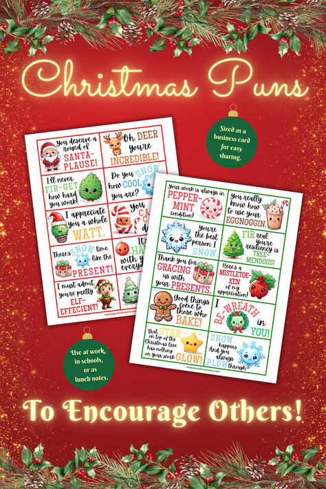 Christmas Puns Motivational Quotes printables. Each printable includes 10 Christmas puns Encouragement cards for the work place. 2 printables, 20 Christmas Puns Cards included. Each Encouragement card has an adorable Christmas or winter graphic and an encouraging Christmas pun. School Staff Christmas Ideas, Winter Staff Morale Booster, December Morale Booster For Teachers, Holiday Staff Morale Booster, December Staff Morale Booster, Christmas Staff Morale Booster, Staff Christmas Ideas, 12 Days Of Christmas Ideas For Staff, Christmas Staff Appreciation Ideas