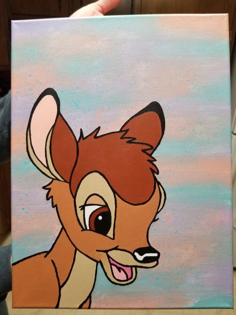 Hand painted/drawn acrylic painting on 10x16 canvas Bambi Painting Canvas, Cartoon Acrylic Painting Ideas, Disney Cartoon Paintings, Canvas Painting Ideas Characters, Easy Disney Painting Ideas, Disney Canvas Painting Ideas, Disney Characters Paintings, Acrylic Painting Ideas Cartoon, Disney Acrylic Painting Easy