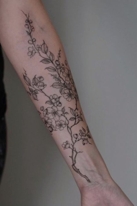 Plant Tattoo Sleeves, Cherry Blossom Branch Tattoo Arm, Grunge Floral Tattoo, Chinese Blossom Tattoo, Upper Arm Tattoo Sleeve, Black Cherry Blossom Tattoo, Thigh Tattoos Unique, Botanical Arm Tattoo, Black Roses Tattoo