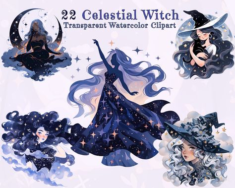 Music Witch Art, Moon Witch Art, Moon Character Design, Watercolor Celestial, Star Witch, Spiritual Witch, Moon Illustrations, Celestial Witch, Witch Moon