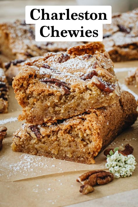 Charleston Chewy Bars, Chewy Dessert Bars, Charleston Chews Recipe, Brown Sugar Bars Recipes, Fall Cookie Bars Recipes, Crowd Pleaser Desserts, Cashew Desserts, Easy Bar Desserts, Charleston Chewies Recipe