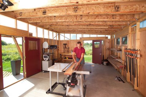 Inside view of studio building.  Add sliding barn doors to bring in even more light. Build Your Own Garage, Pole Barn Garage, Build A Dog House, Build Your Own Shed, Modern Shed, Barn Garage, Barn Workshop, Modern Garage, Backyard Sheds